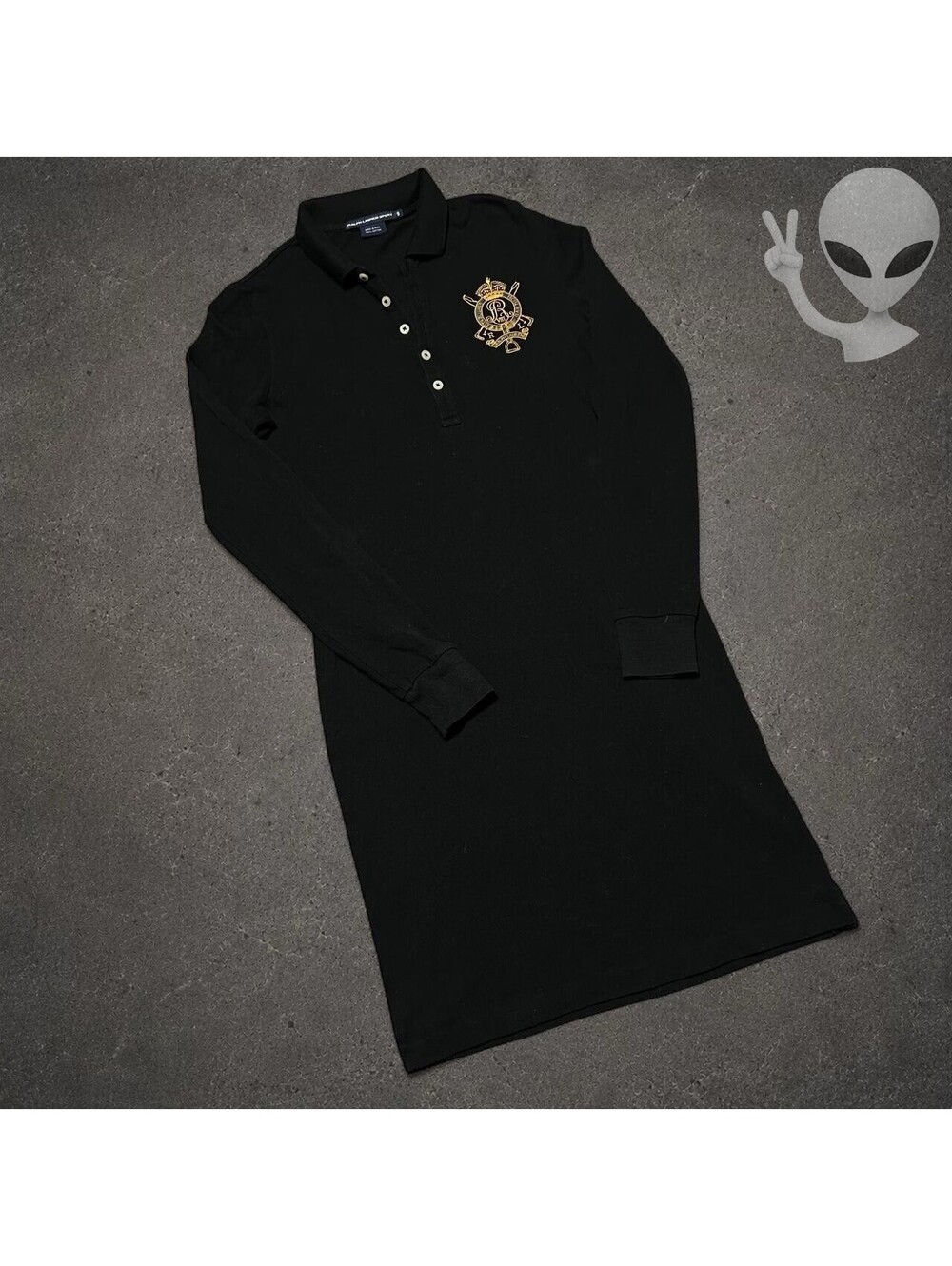 Ralph Lauren Sport Polo Shirt Dress Womens S Black Gold Embroidered Crest Preppy
